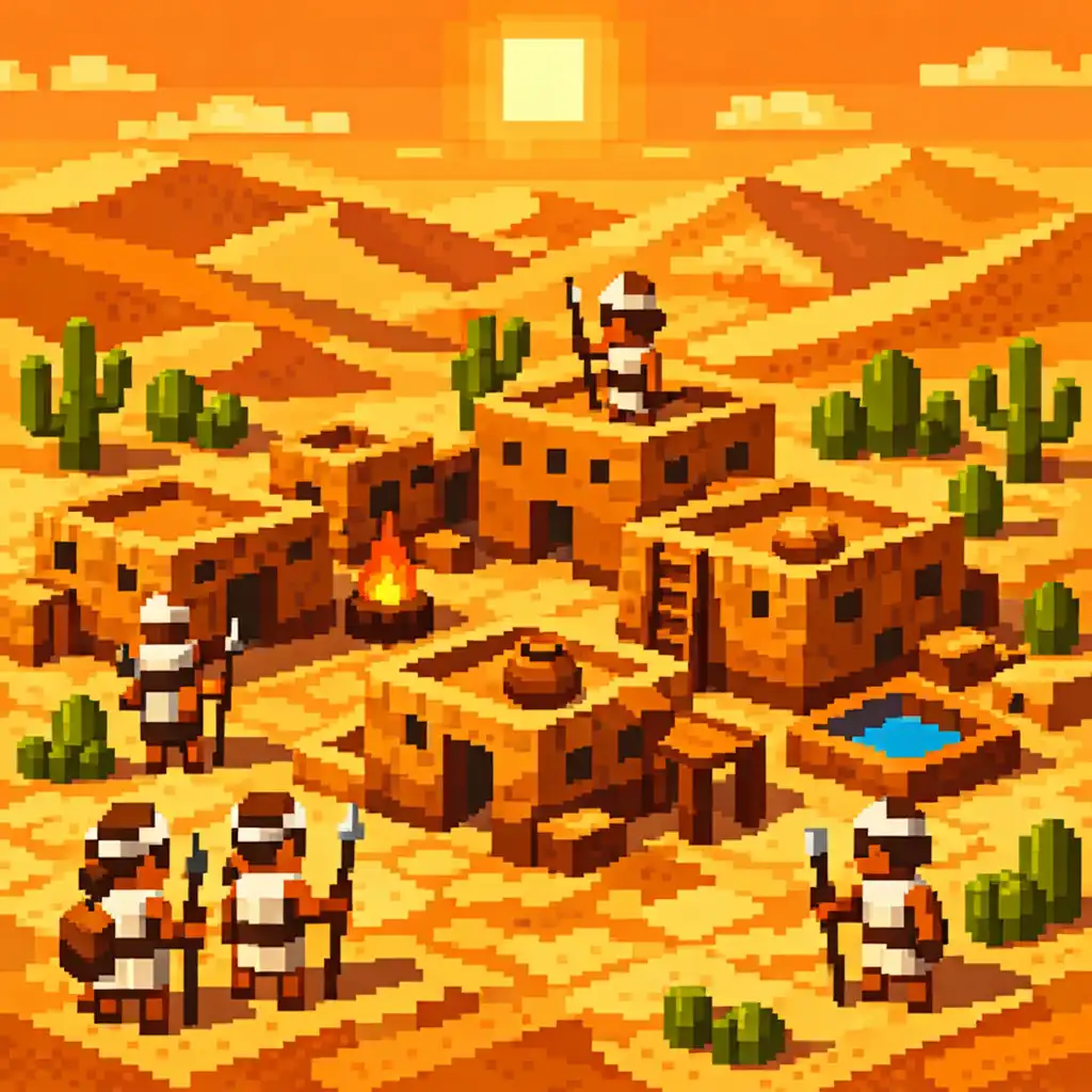 Sivatagi törzs települése a The Battle of Polytopia játékban: vályogházak, homokdűnék, kaktuszok.