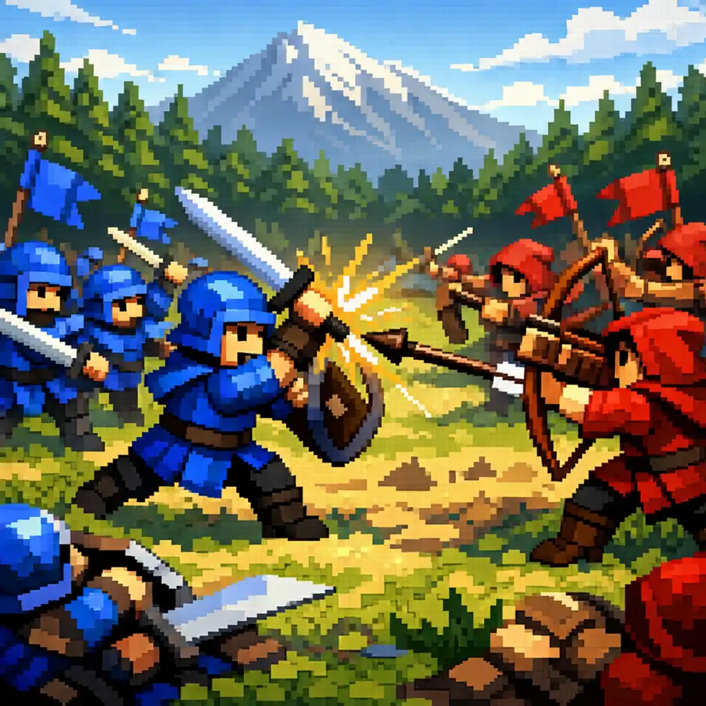 Intenzív csatajelenet a The Battle of Polytopia játékból: két törzs harcol egy füves síkságon, íjászok és kardforgatók.