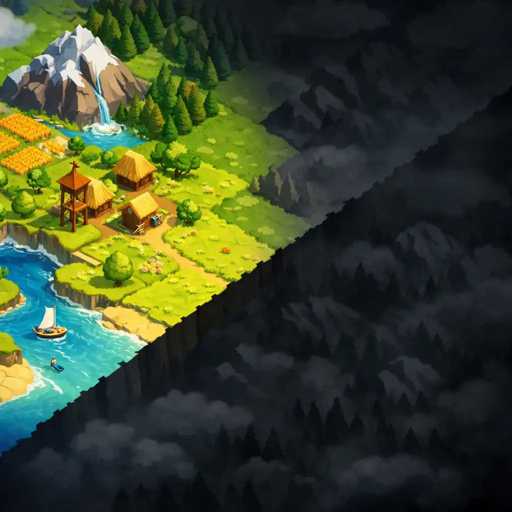 A köd és a felfedezett terület kontrasztja a Polytopia térképen