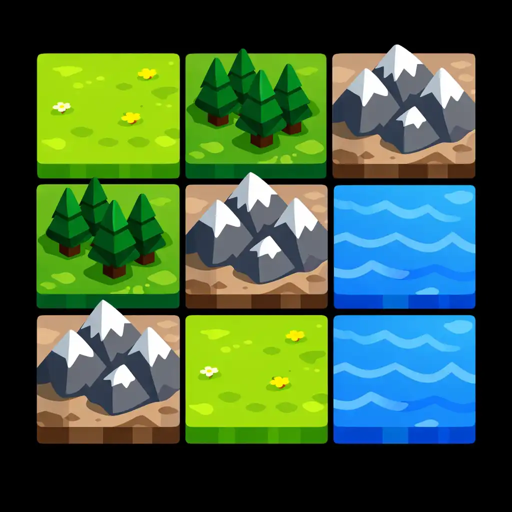 A Polytopia térkép négyzetrácsos felépítése, különböző tereptípusokkal