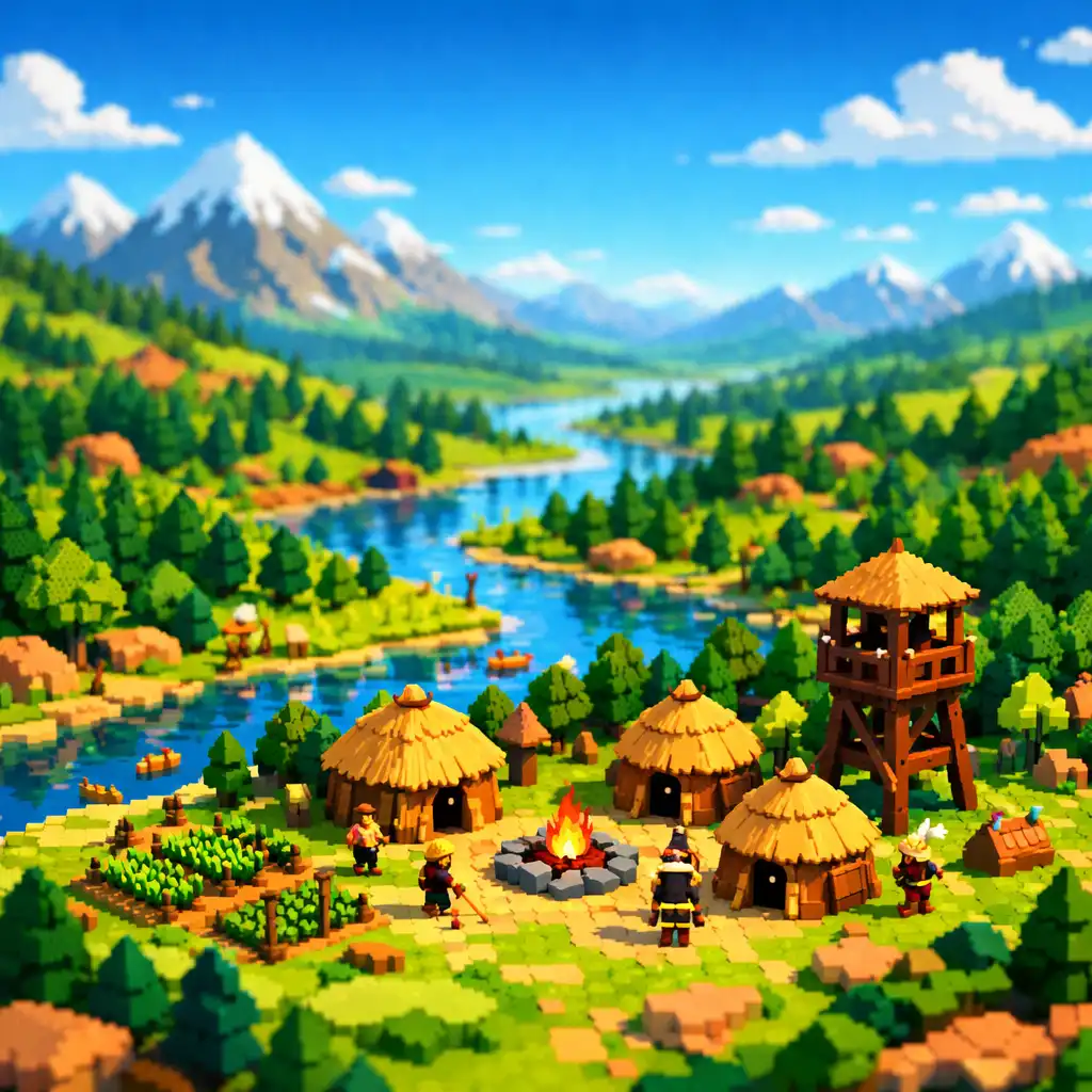 Színes pixel-art táj a The Battle of Polytopia játékból: zöld völgy, kanyargó folyó, erdők, hegyek, előtérben egy törzsi falu.