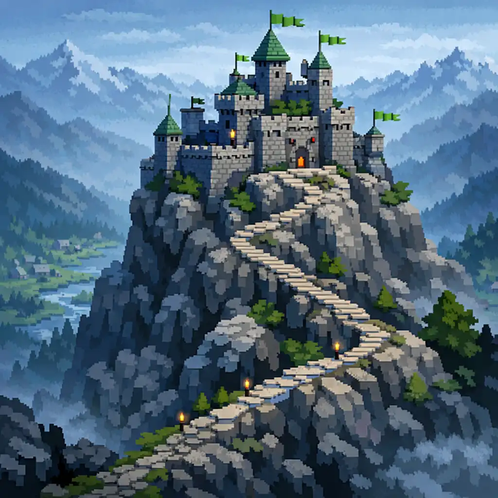 Hegyi erőd a The Battle of Polytopia játékban: kővár sziklás csúcson, zászlókkal, völgyre néző kilátással.