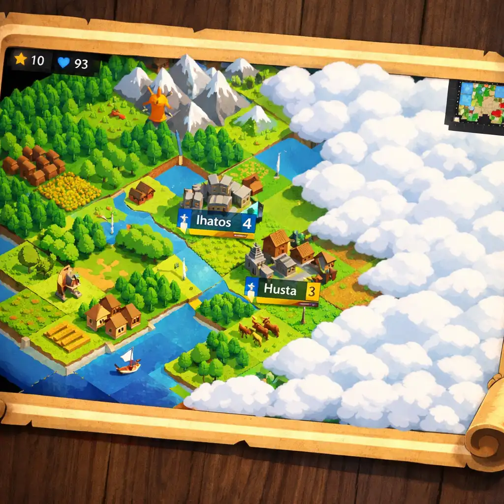 A The Battle of Polytopia térképének részlete, színes tereptípusokkal és felhőkkel