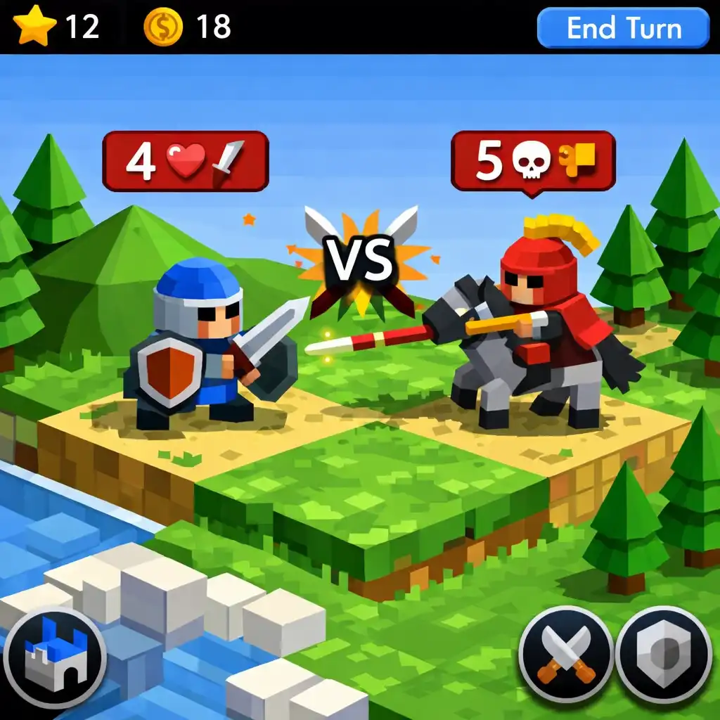 Két egység összecsap egy mezőn a The Battle of Polytopia játékban, fák és domb között