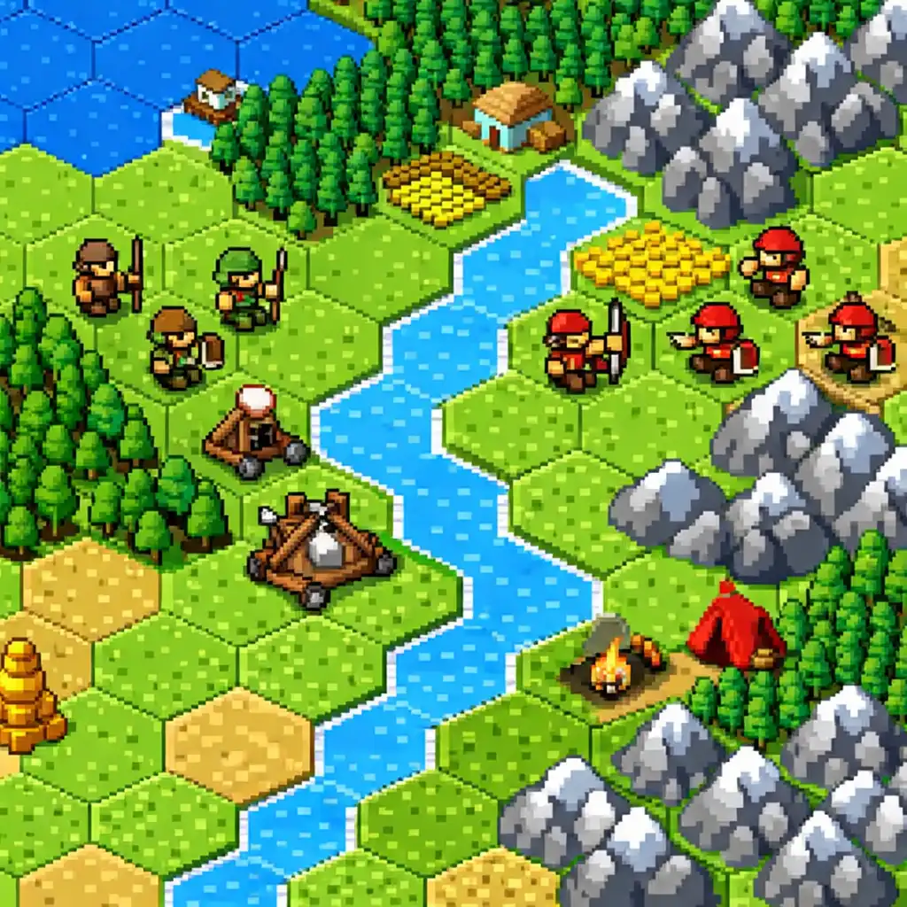 Stratégiai nézet a The Battle of Polytopia játékban: hatszögletű mezőkből álló térkép, egységek, erdők, hegyek, folyók.